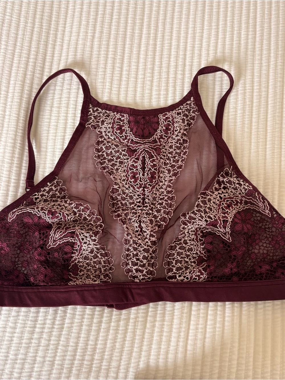 Victoria's Secret Burgundy Lace High-Neck Bralette with Cream Embroidery